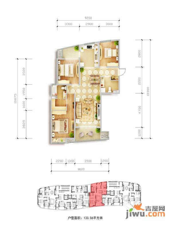 嘉凯城时代城翡翠赏3室2厅2卫133.1㎡户型图