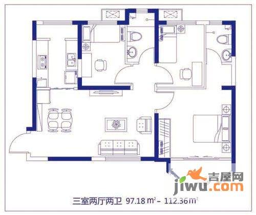 黄金家园3室2厅2卫97.2㎡户型图