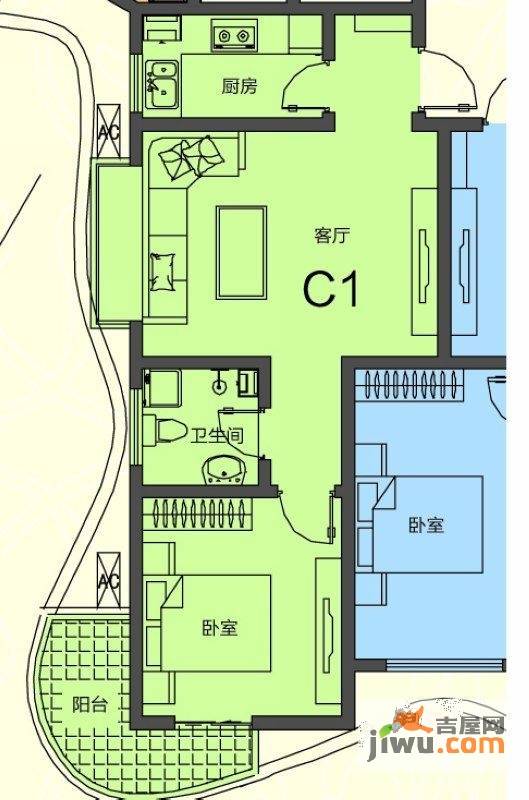 领海世界岛一期1室1厅1卫61.4㎡户型图