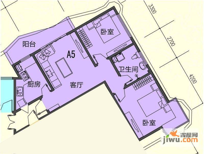 领海世界岛一期2室1厅1卫90㎡户型图