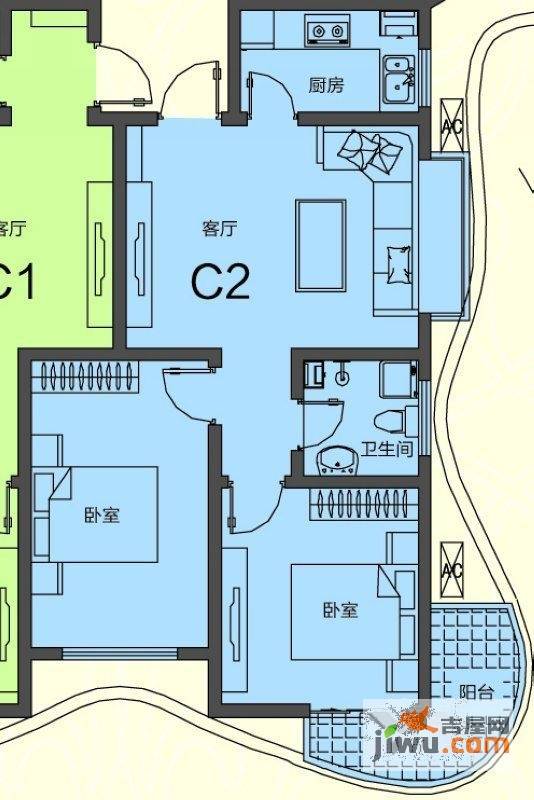 领海世界岛一期2室1厅1卫76.5㎡户型图