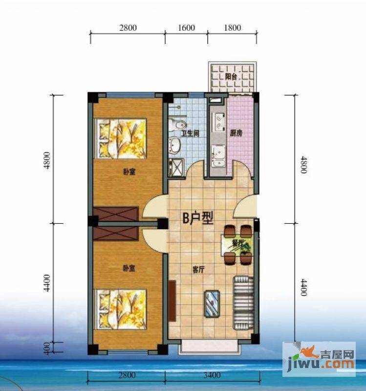 怡海馨苑2室2厅1卫70.4㎡户型图