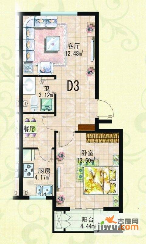 湖光豪景1室2厅1卫59.4㎡户型图