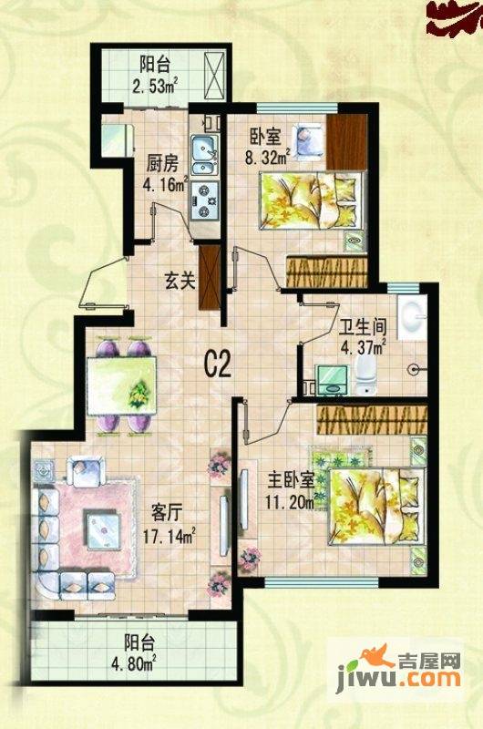 湖光豪景2室2厅1卫73.7㎡户型图