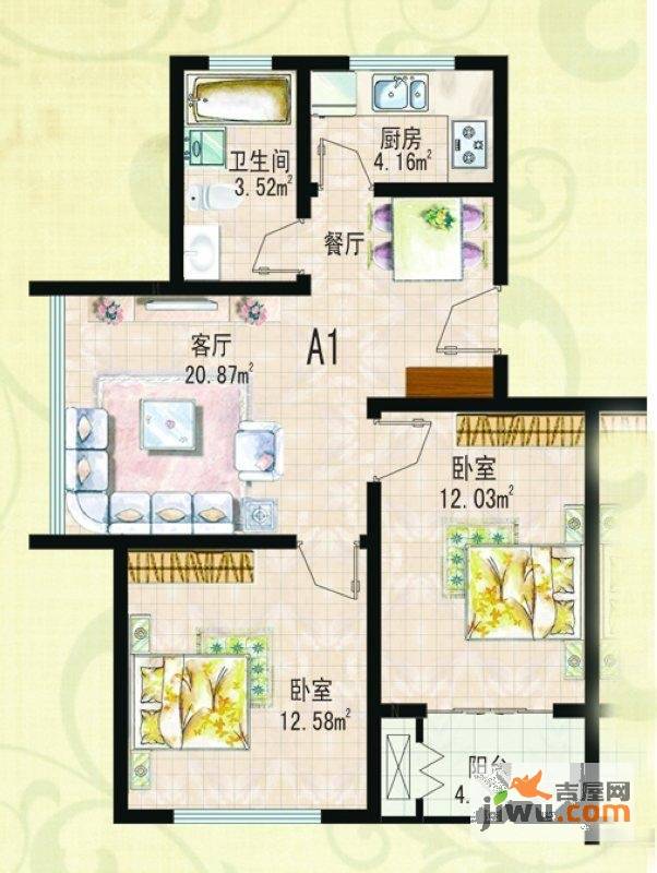 湖光豪景2室2厅1卫74.6㎡户型图