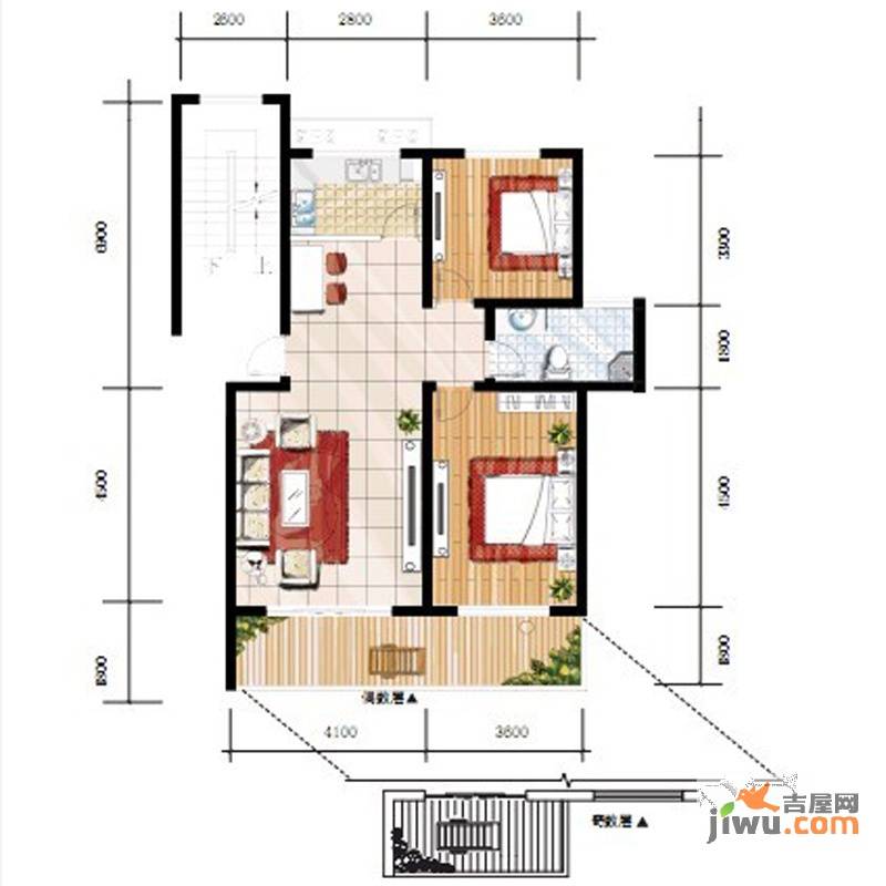 卓越玫瑰园2室2厅1卫89㎡户型图