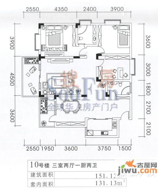 美佳假日花园3室2厅2卫148.3㎡户型图