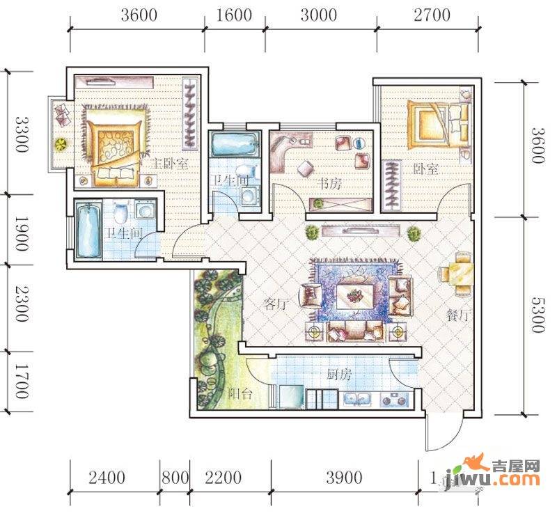 花果园3室2厅2卫97.7㎡户型图