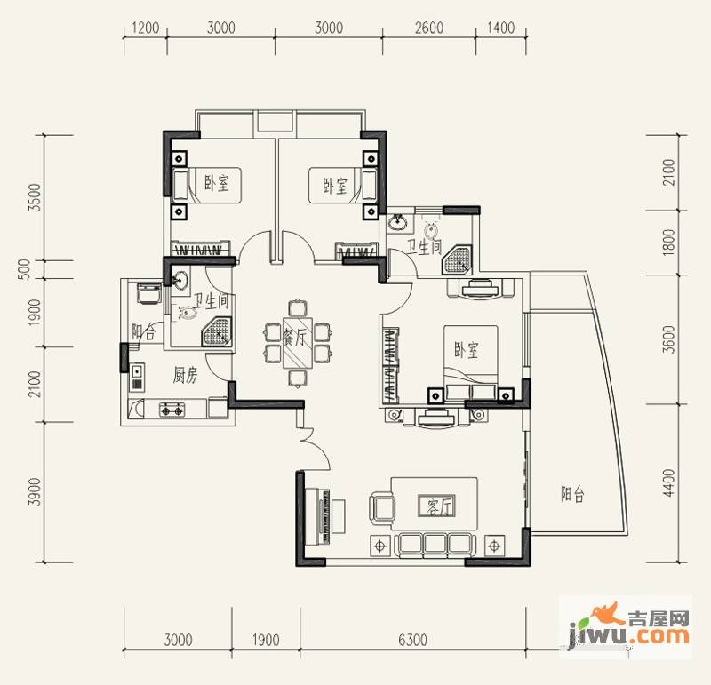 远大生态风景二期栖景湾3室2厅2卫130㎡户型图