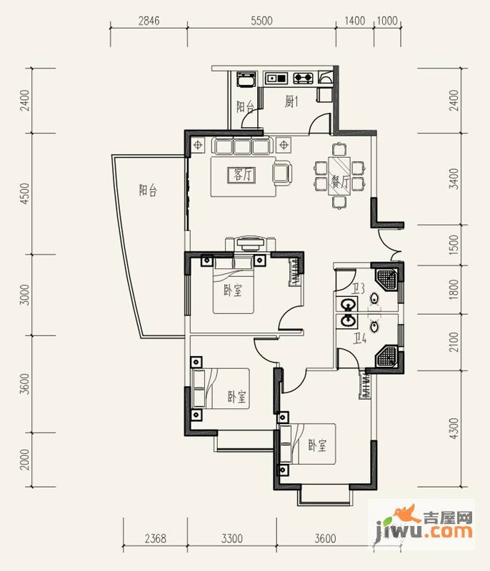 远大生态风景二期栖景湾3室2厅2卫129㎡户型图