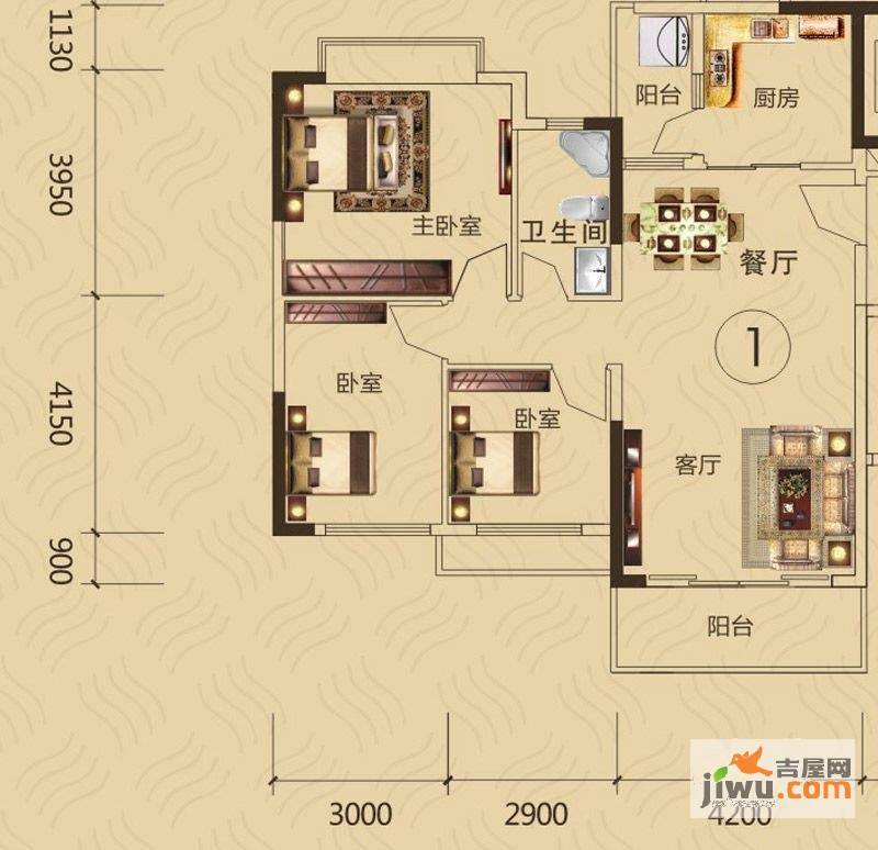 贵阳恒大名都3室2厅1卫112㎡户型图