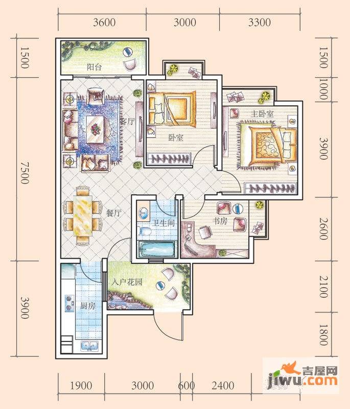 花果园3室2厅1卫102.6㎡户型图