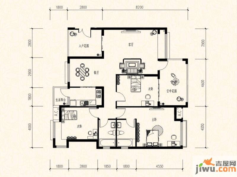 保利温泉新城3室2厅2卫137㎡户型图