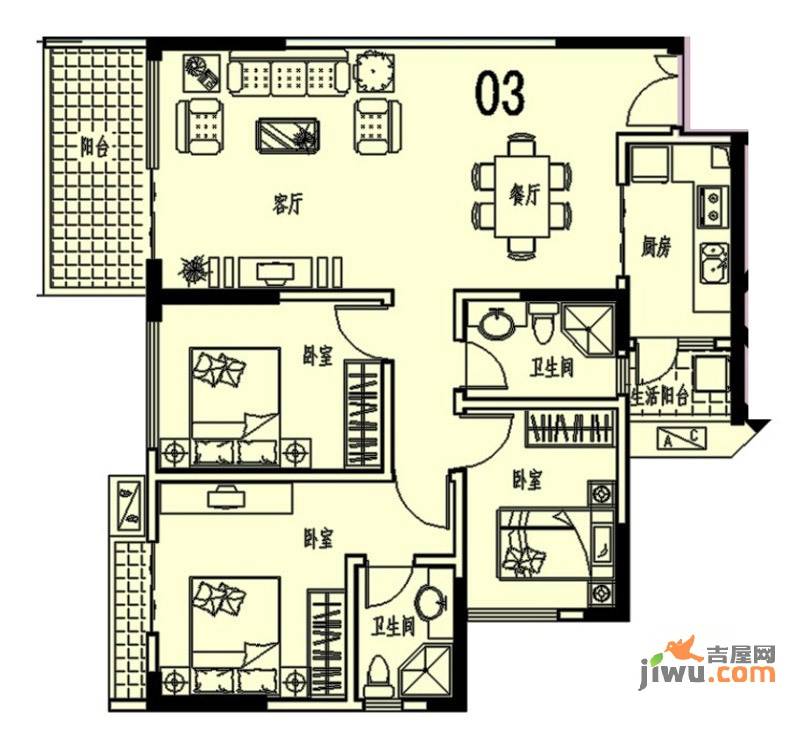 中天会展城3室2厅2卫112.6㎡户型图