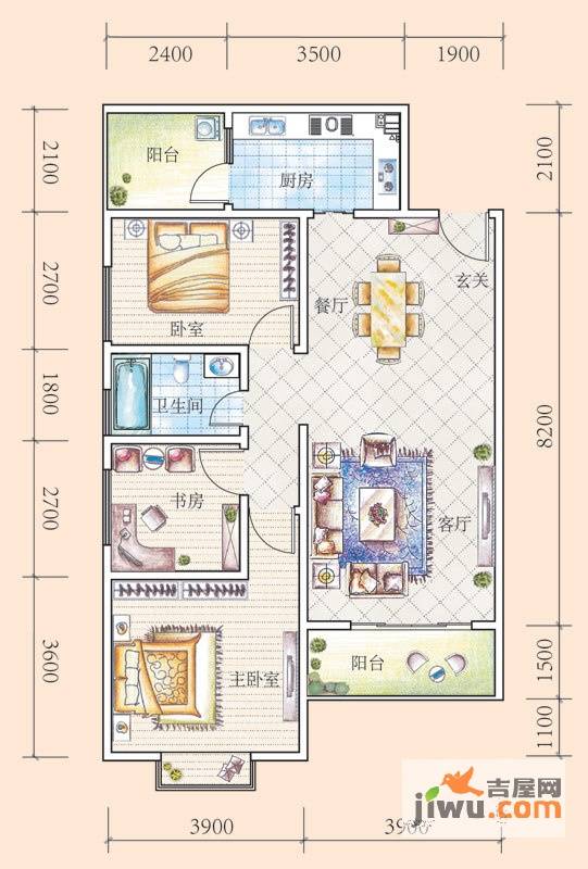 花果园3室2厅1卫109.5㎡户型图