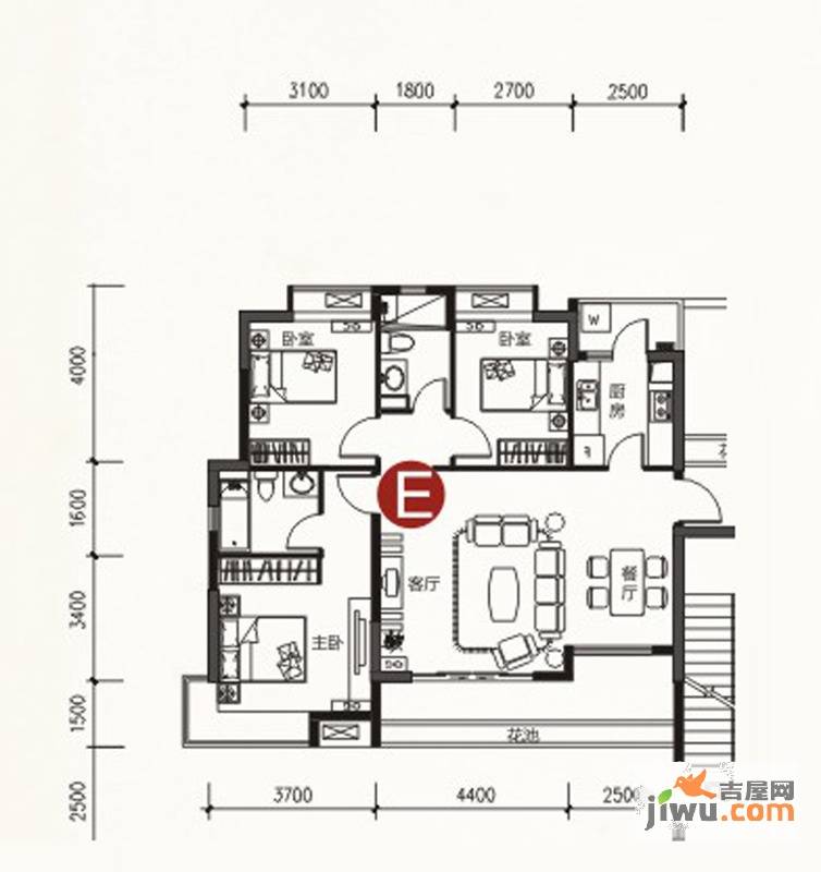 保利温泉新城3室2厅2卫115㎡户型图