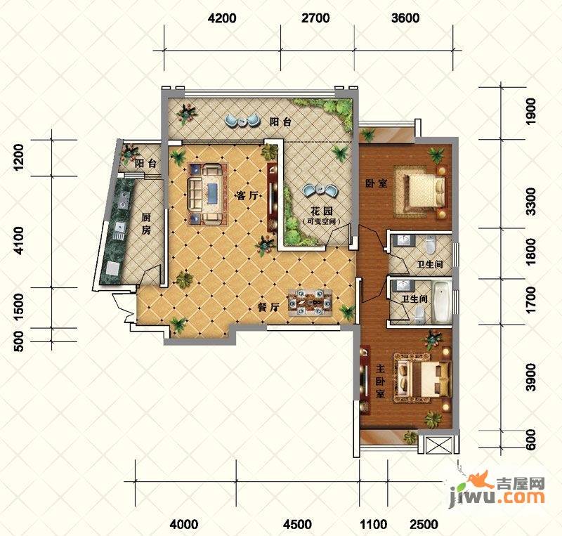 北城公馆2室2厅2卫127㎡户型图