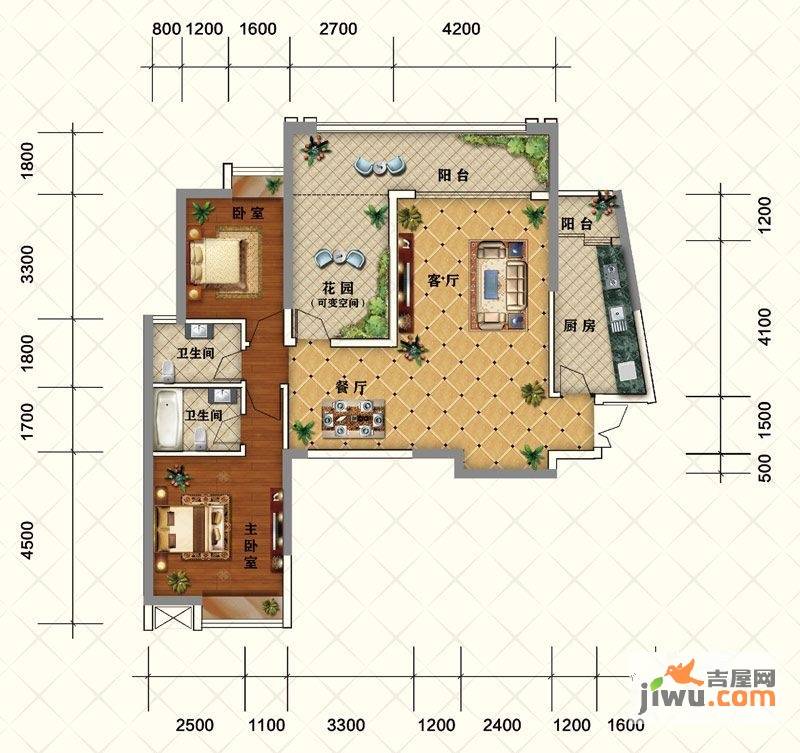 北城公馆2室2厅2卫123.6㎡户型图