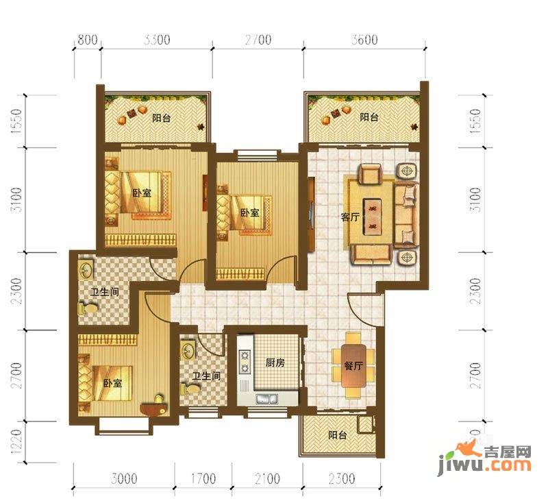 阳晨美林3室2厅2卫95.7㎡户型图