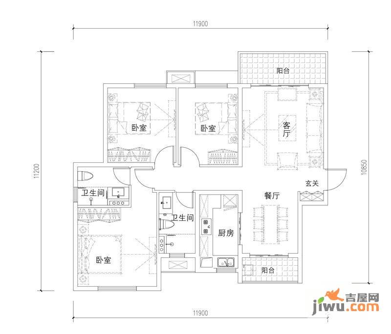 万科悦城3室2厅2卫112㎡户型图