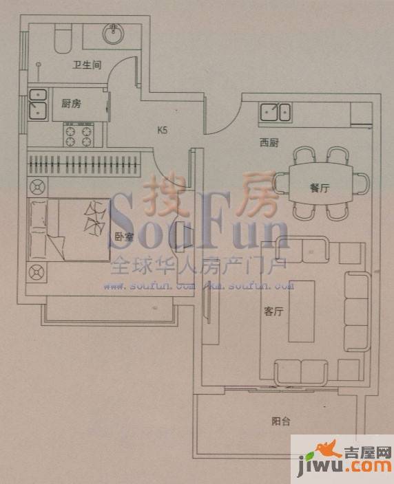 云大知城·牛津花园1室1厅1卫57.3㎡户型图