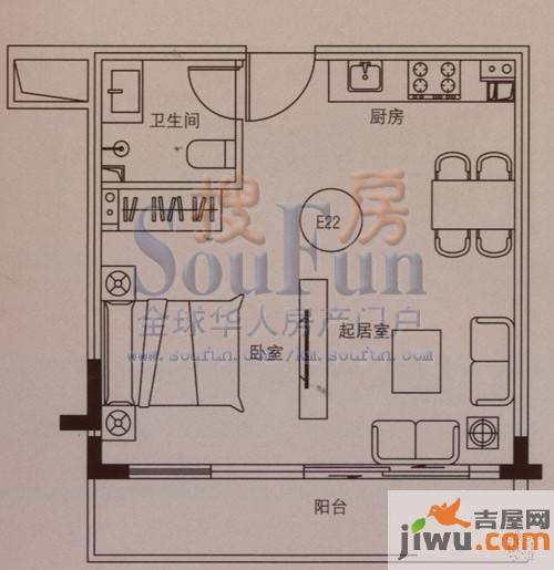 云大知城·牛津花园1室1厅1卫40.6㎡户型图