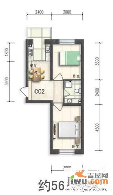 华亨名城2室2厅1卫56.6㎡户型图