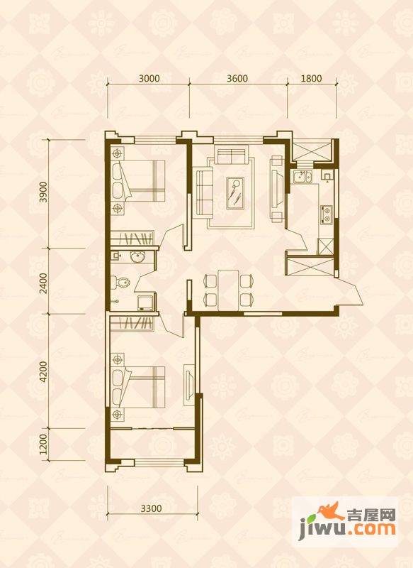 万晟爱琴海一期2室2厅1卫88.9㎡户型图