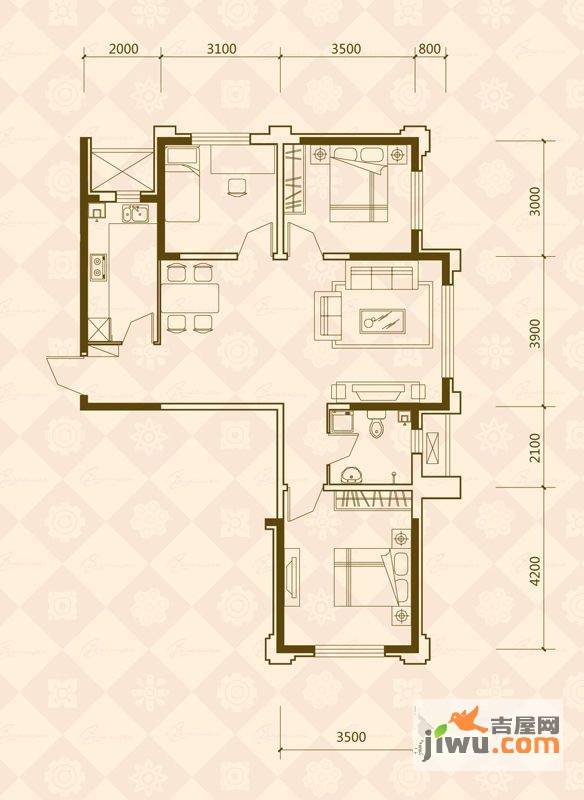 万晟爱琴海一期3室2厅1卫105.7㎡户型图