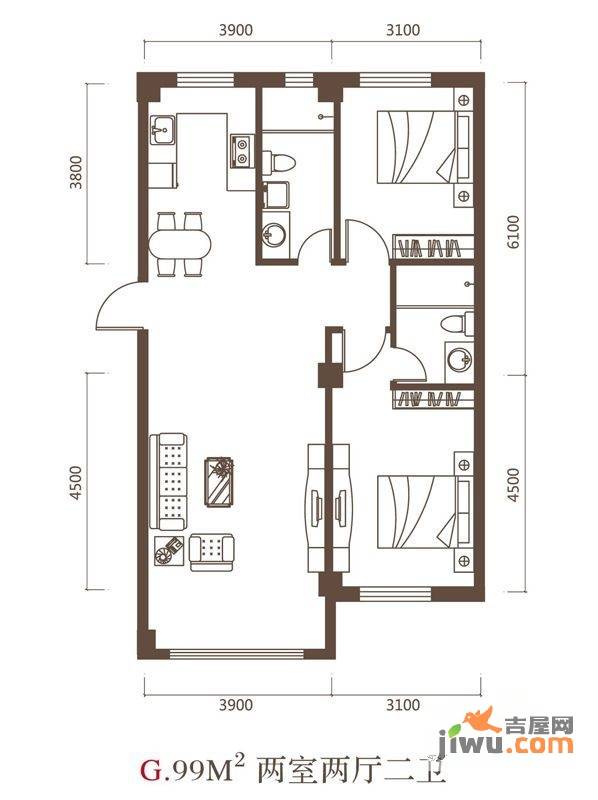 东城宜家2室2厅2卫99㎡户型图