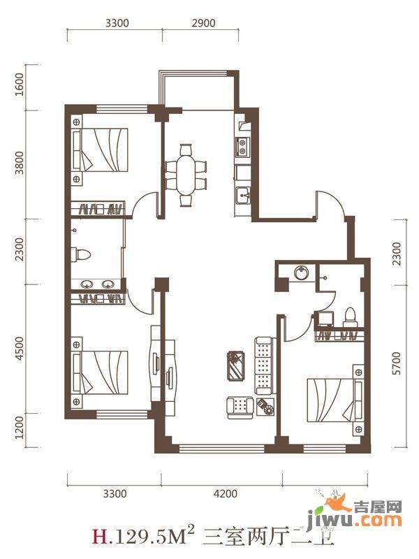 东城宜家3室2厅2卫129.5㎡户型图