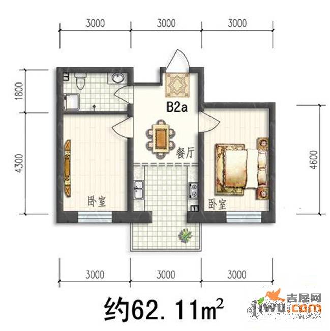 华亨名城2室1厅1卫62.1㎡户型图