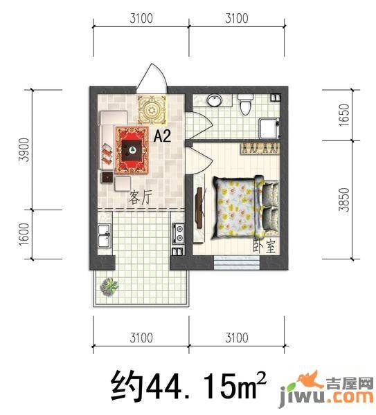 华亨名城1室1厅1卫44.1㎡户型图