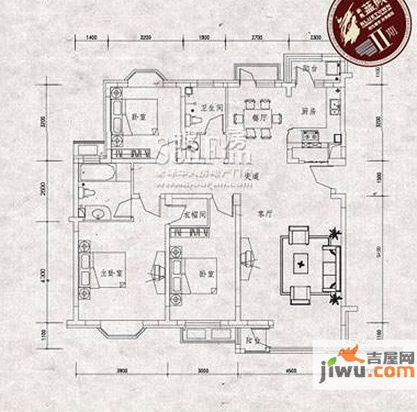 新奥蓝城3室2厅2卫125.2㎡户型图