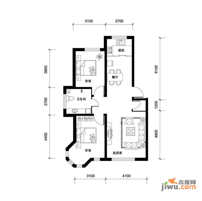 汉森香榭里2室2厅1卫102㎡户型图