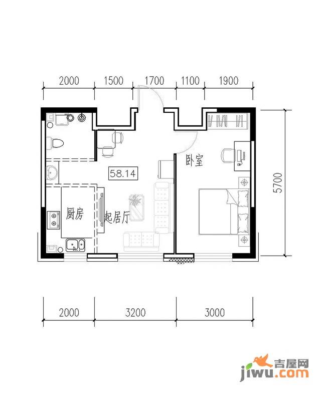 新星宇和悦1室1厅1卫58.1㎡户型图