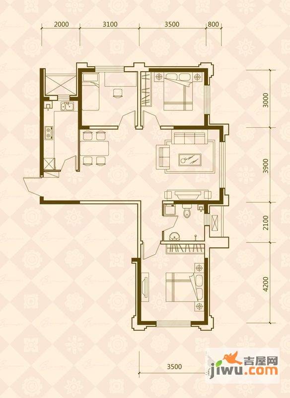 万晟爱琴海二期B区2室2厅1卫105.7㎡户型图