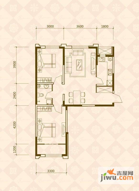 万晟爱琴海二期B区2室2厅1卫88.9㎡户型图