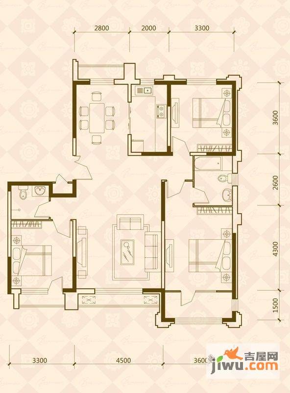 万晟爱琴海二期B区3室2厅2卫128.9㎡户型图