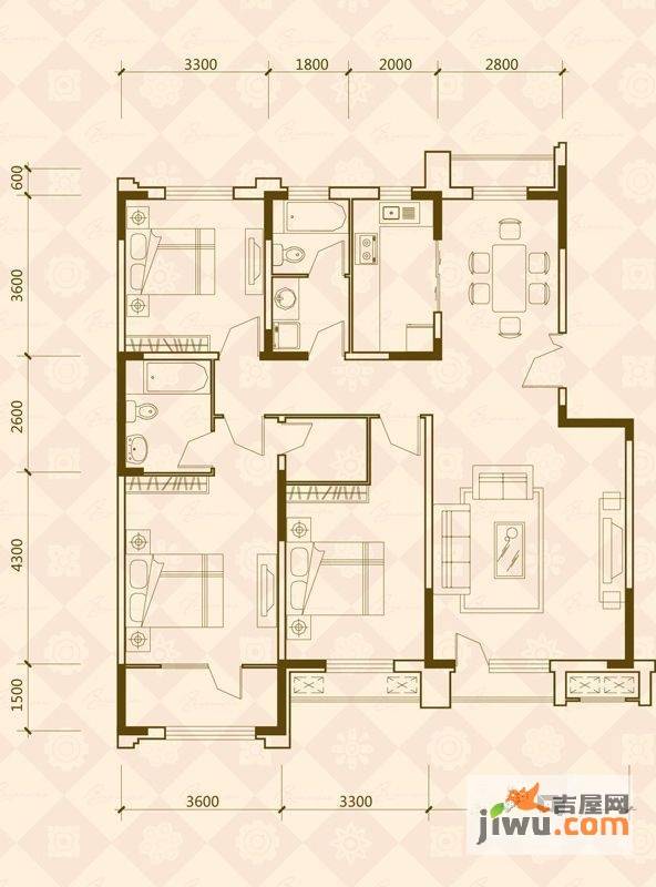 万晟爱琴海二期B区3室2厅2卫139.9㎡户型图