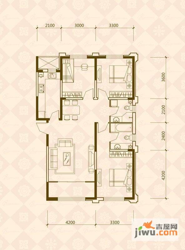 万晟爱琴海二期B区3室2厅2卫124.3㎡户型图