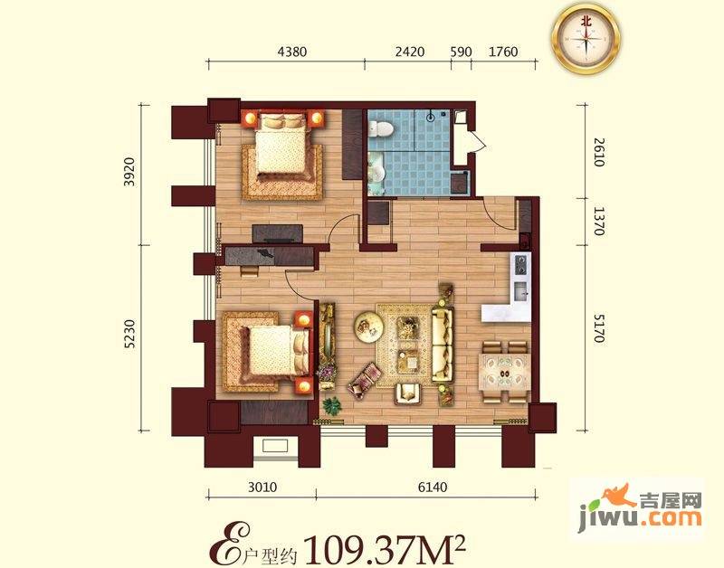 盈泰国际2室1厅1卫109.4㎡户型图