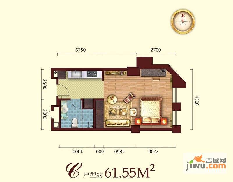 盈泰国际1室1厅1卫61.5㎡户型图