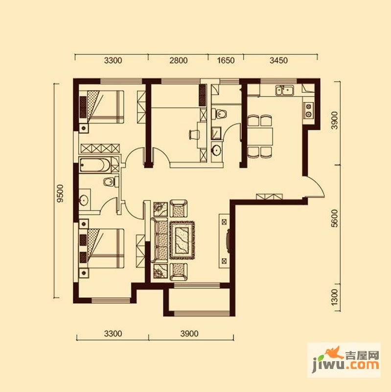 万豪国际万豪东方广场7号楼c户型图3室2厅2卫1厨