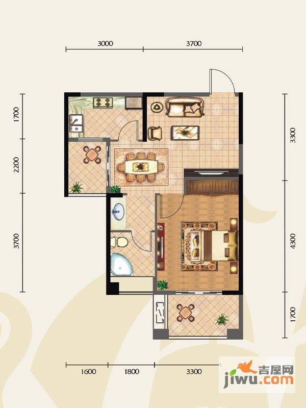 香逸澜湾1室2厅1卫58㎡户型图