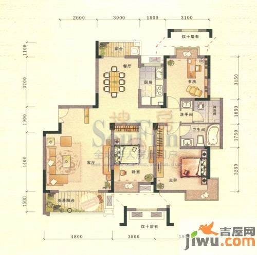 联泰香域滨江3室2厅2卫121.9㎡户型图