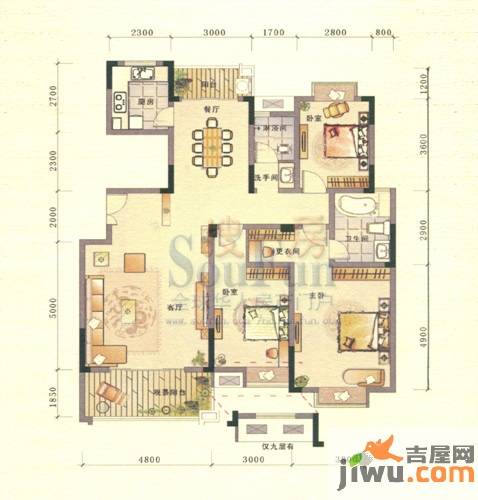 联泰香域滨江3室2厅2卫134.4㎡户型图