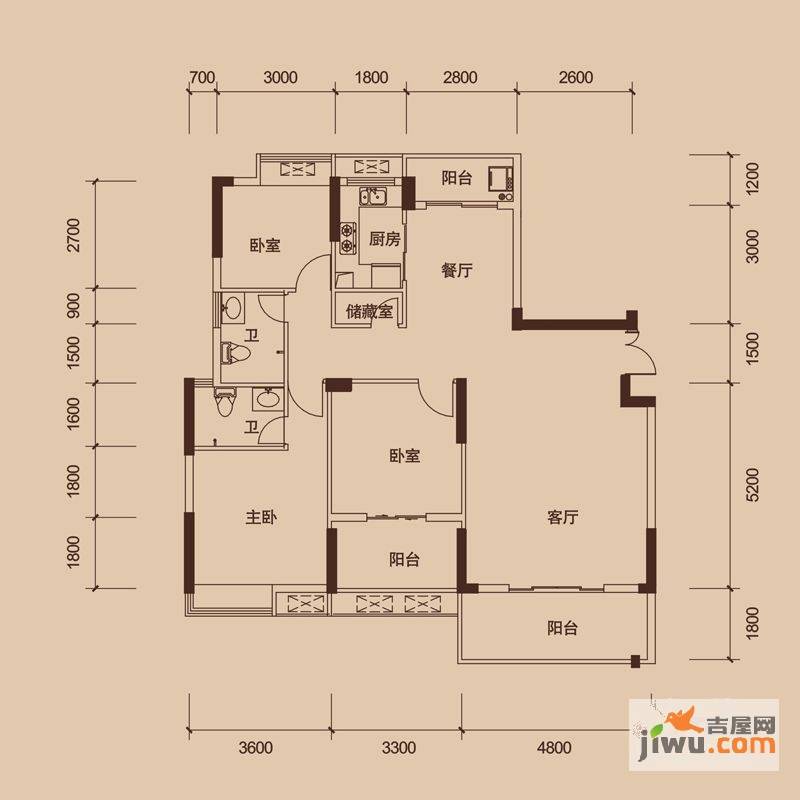 联泰香域中央3室2厅2卫128㎡户型图