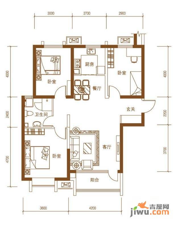 浭阳新城2室2厅1卫127㎡户型图