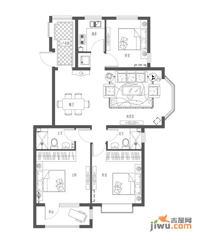 心海假日3室2厅2卫113.6㎡户型图